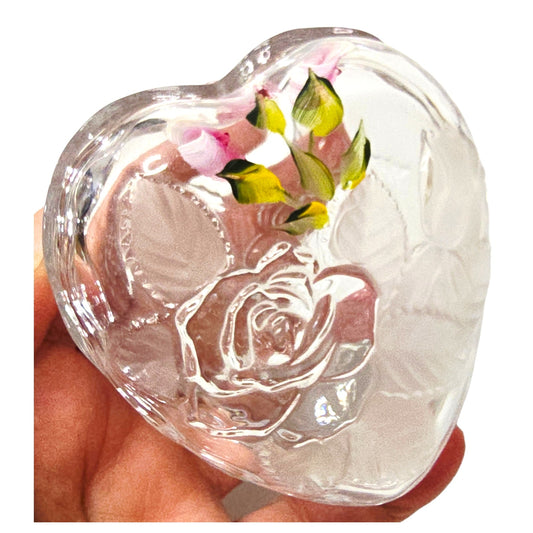 Hand-Painted Vintage Glass Heart Trinket Box | Frosted Embossed Rose Valentine's