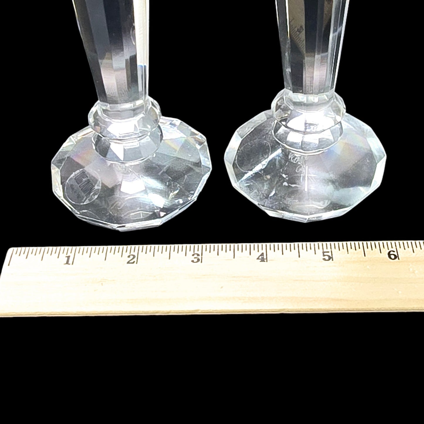 Set of 2 Oleg Cassini Crystal Pillar Candle Holders,  Flaw