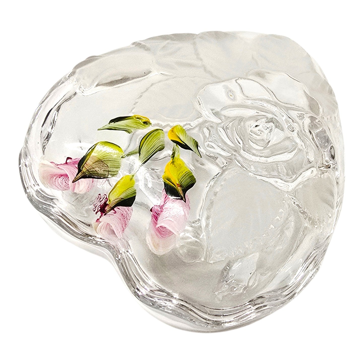 Hand-Painted Vintage Glass Heart Trinket Box | Frosted Embossed Rose Valentine's