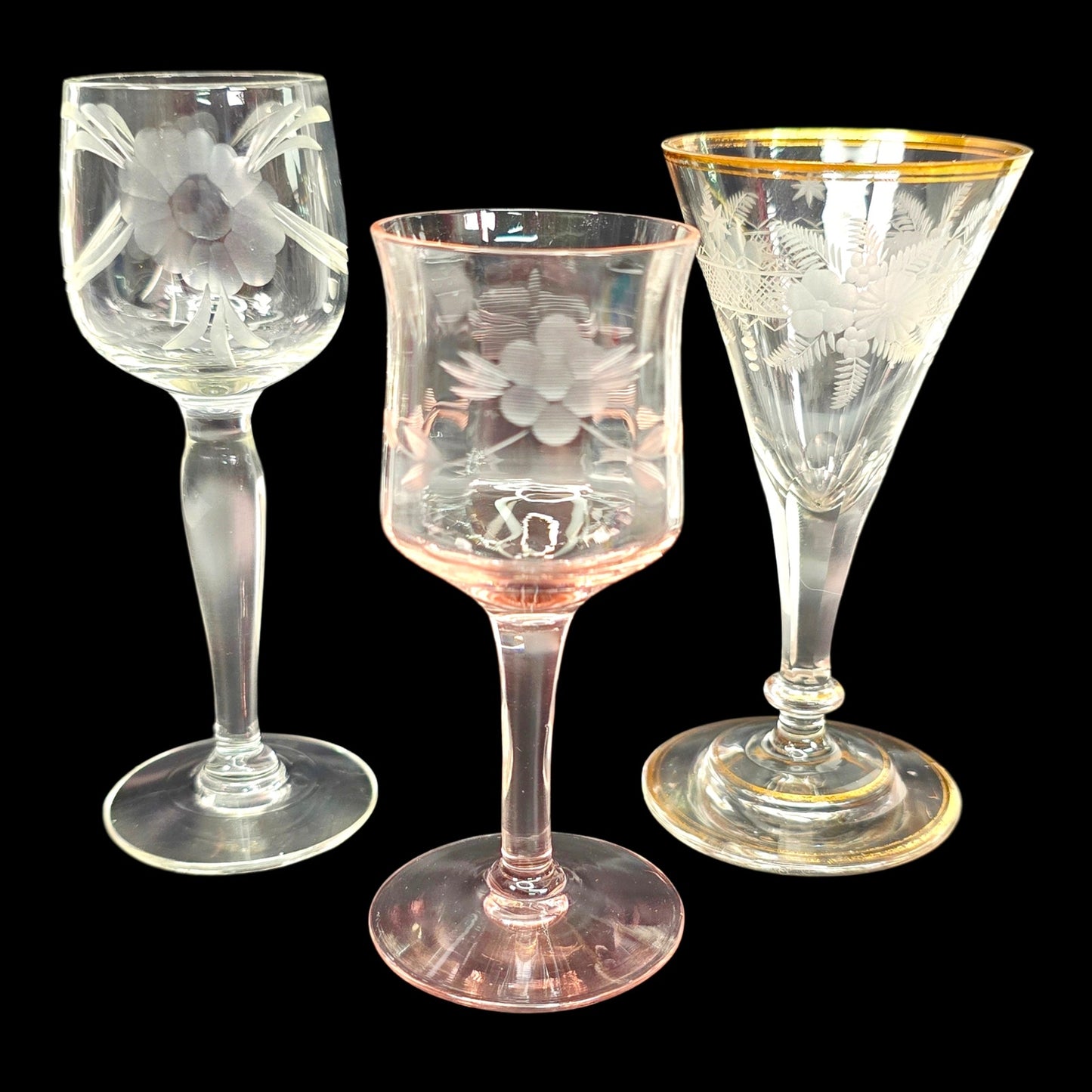 Trio of Petite Vtg Cordial Glasses Mismatched Minitature Liqueur Glass Set Read