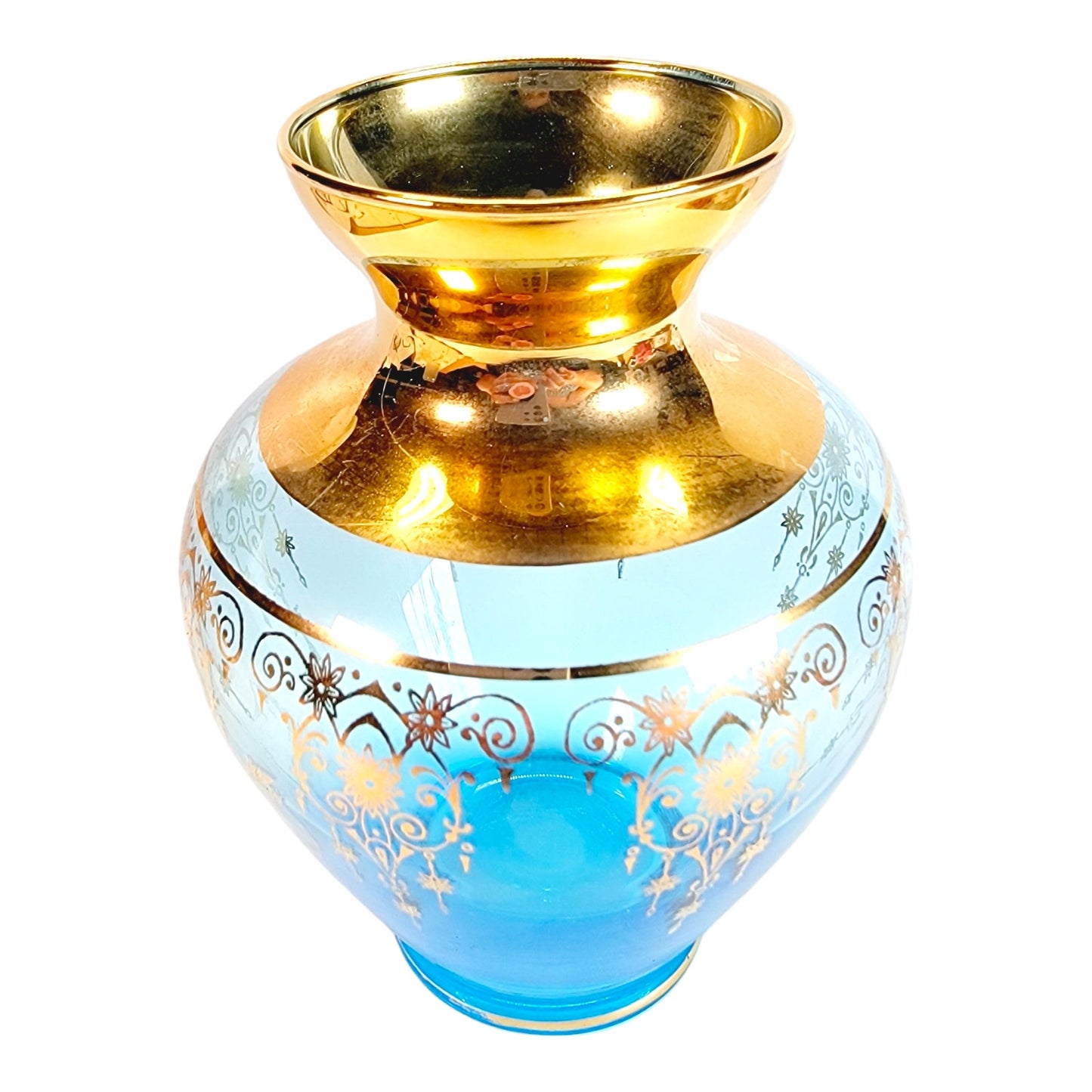 Murano Italy Ferro & Lazzarini Blue Gold Art Glass Vase, 22K hand-painted 5" H