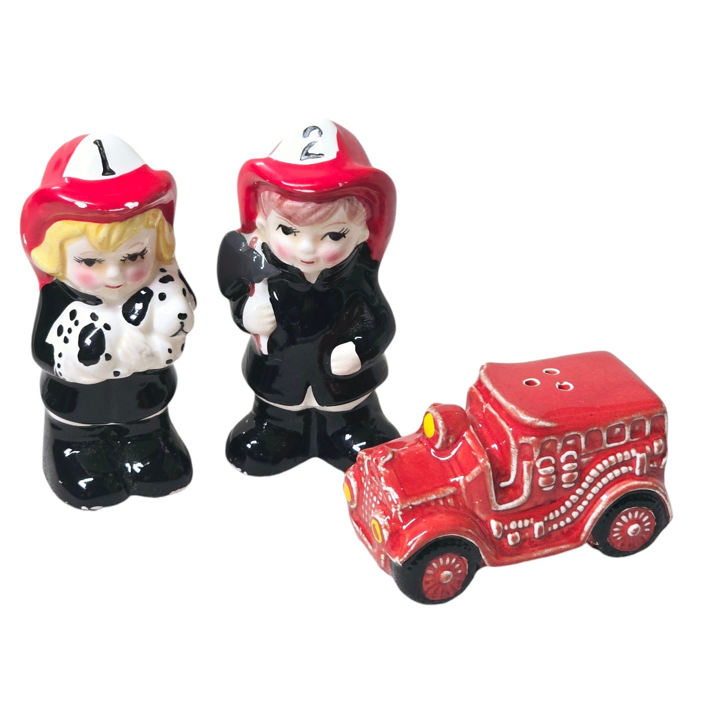 1980s Junior Fireman Children and Fire Engine Salt & Pepper 3-Pc Set Shakers