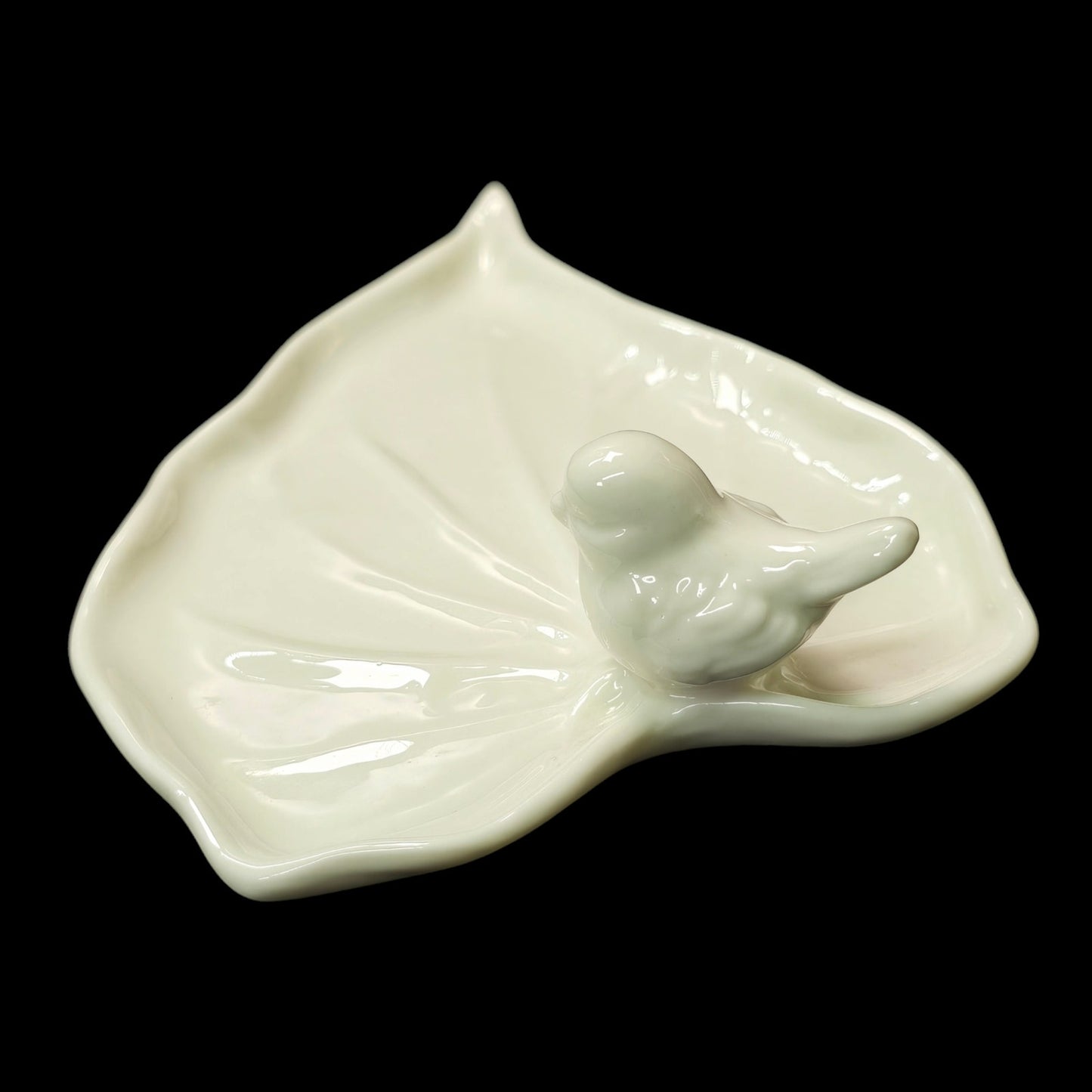 White Ceramic Song Bird on Leaf Jewelry Tray