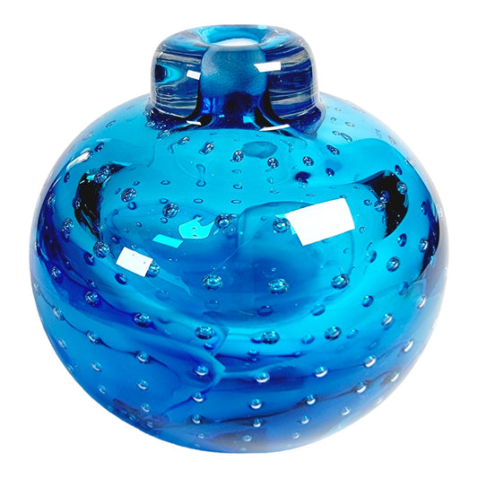 Hand Blown Blue Glass Vase Murano Bullicante Bud Vase, Small Round Murano Vase