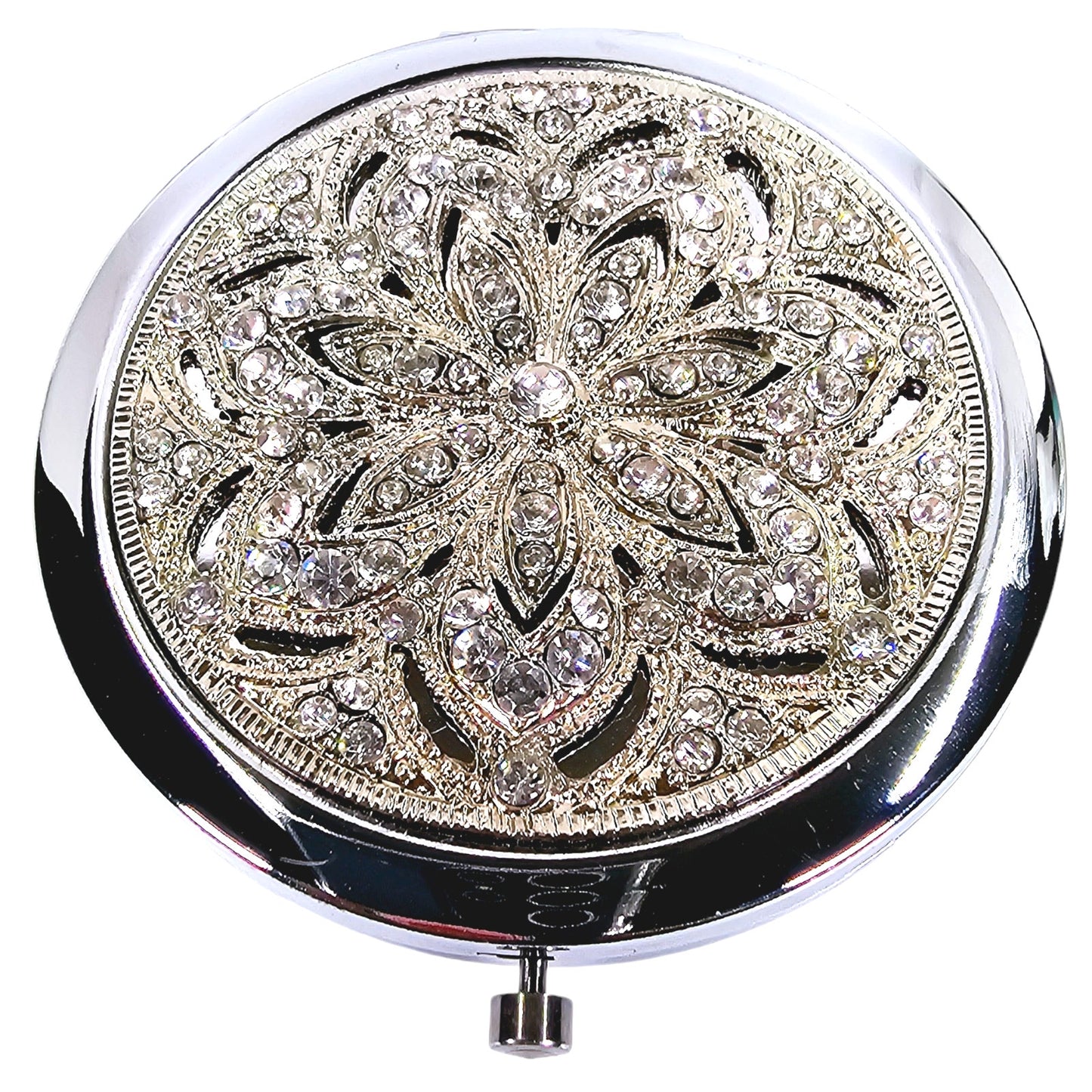 Olivia Riegel Silver Tone Crystal Sinclair Mirrored Compact, New in Bag, 2.75" D