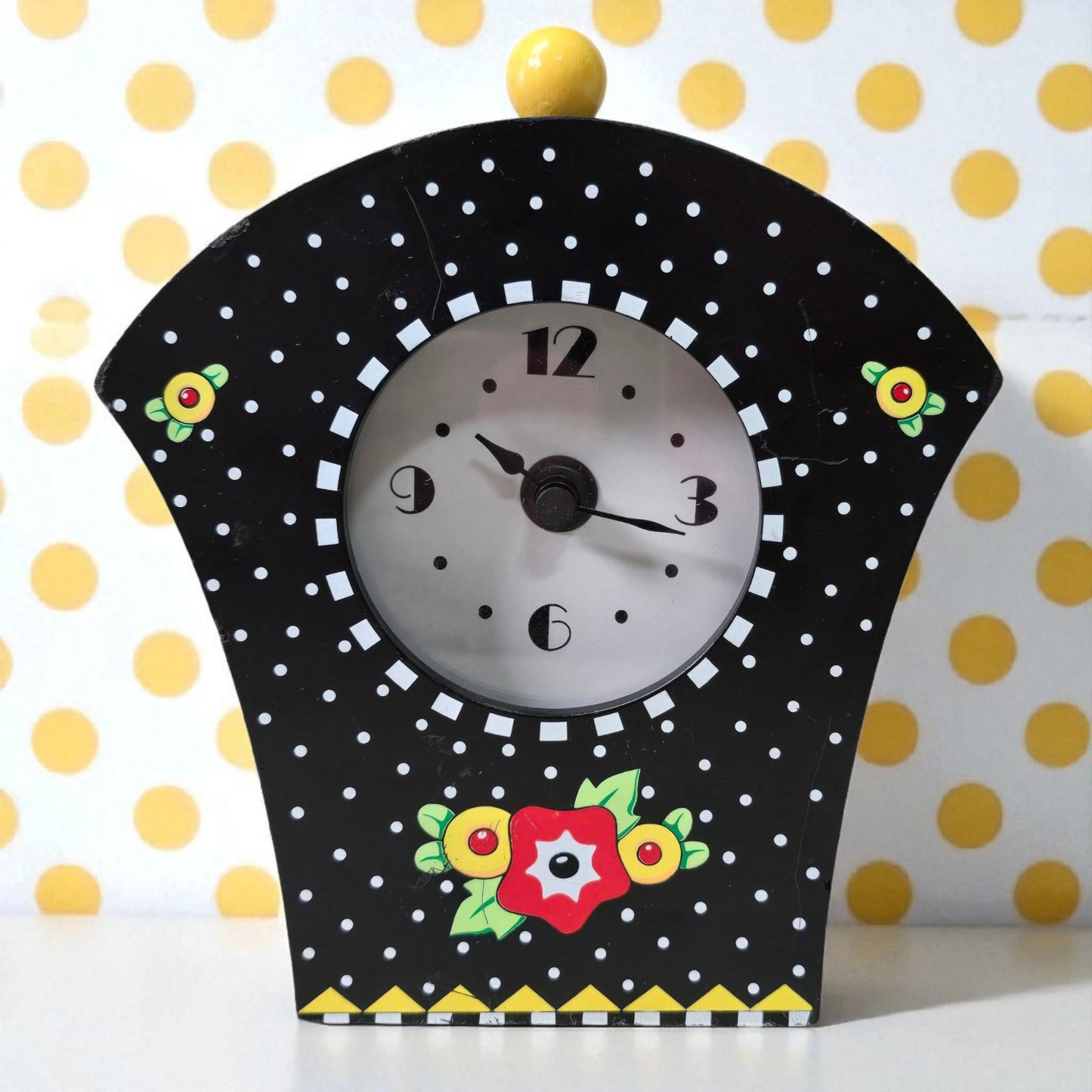 VTG 1997 RARE  Mary Engelbreit Charpente Clock Black Polka Dot Flowers