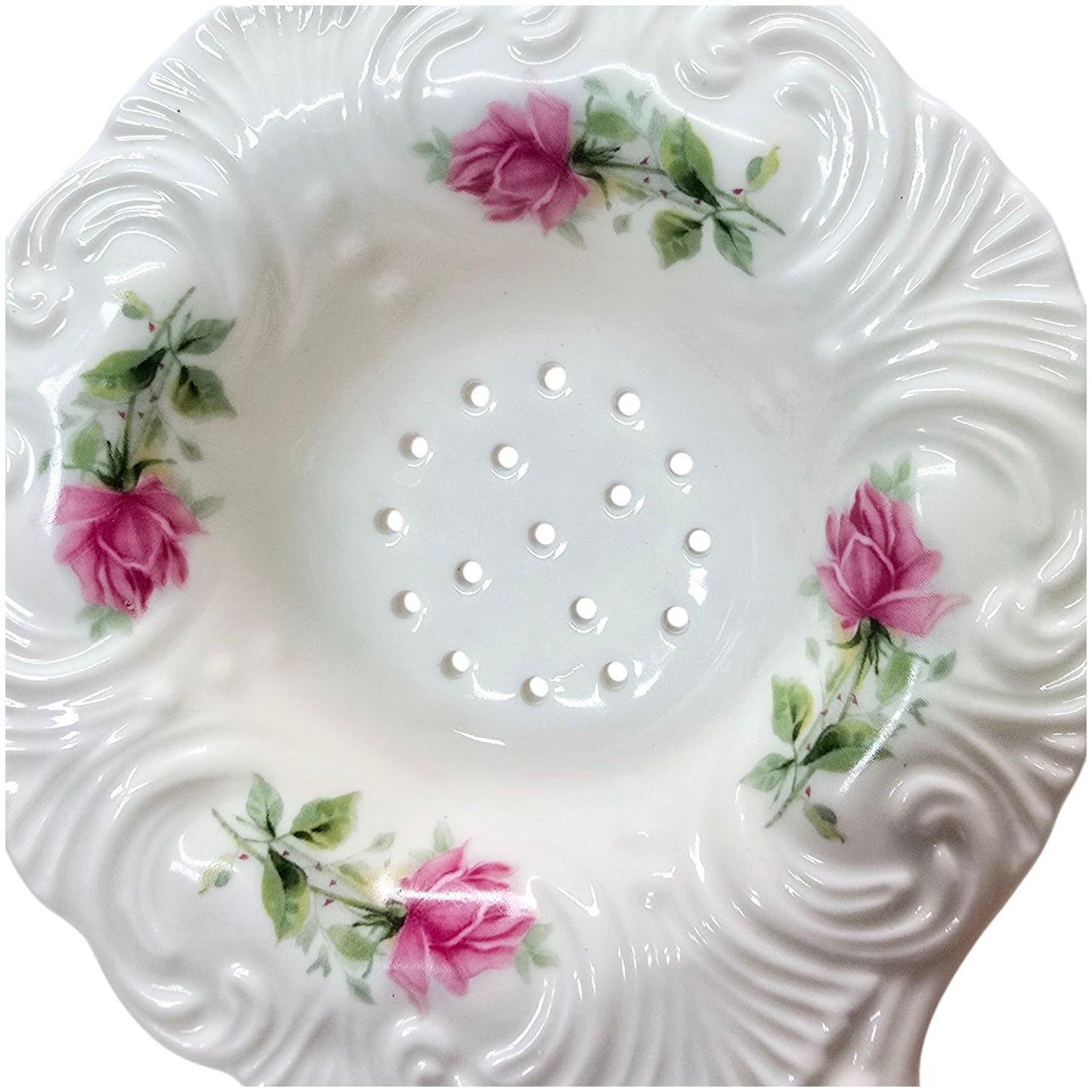 Set of 3 Dainty Tea Dishes: Allyn Nelson Porcelain Tea Strainer and Drip Bowl, plus a dainty Queen's England Prairie Rose Dish
