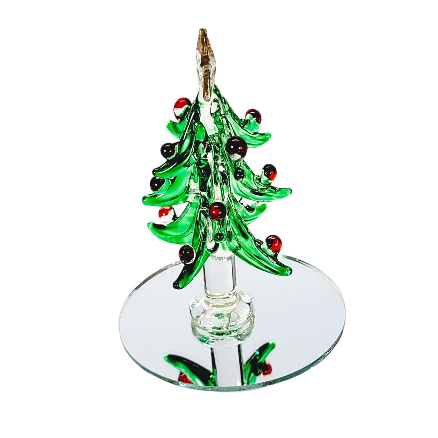 Vintage Spun Art Glass Christmas Tree with Mirror Base, Berries & Star, 3.25" H