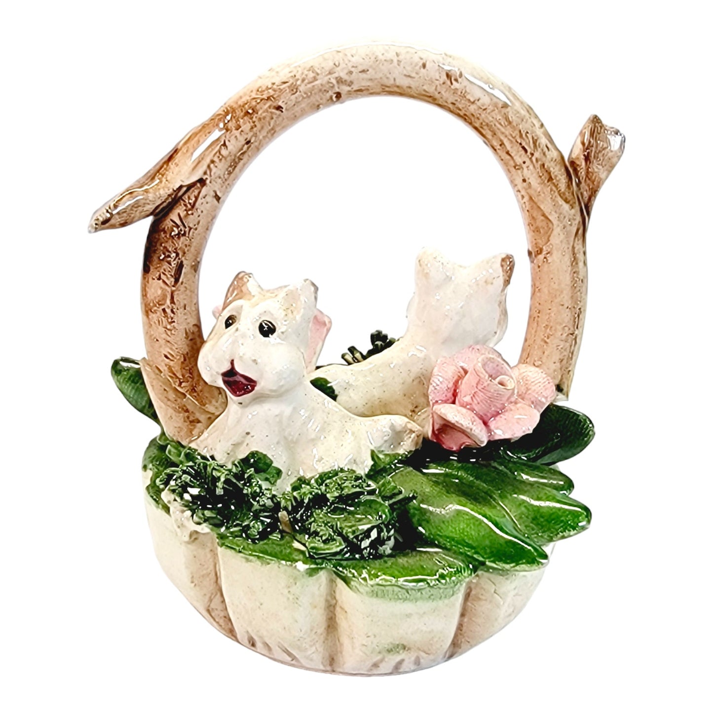 Vintage Capodimonte Italy Dogs (or cats) in a Basket with Flowers Porcelain Figurine