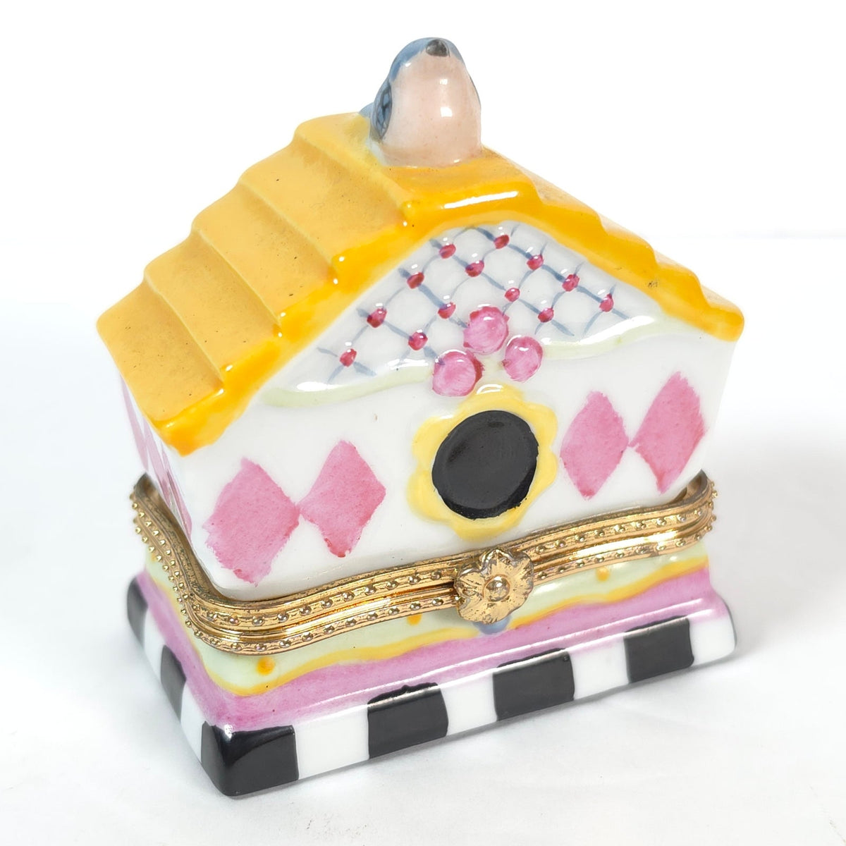 Bluebird Birdhouse Ceramic Hinged Trinket Box Yellow Roof Pink Diamonds