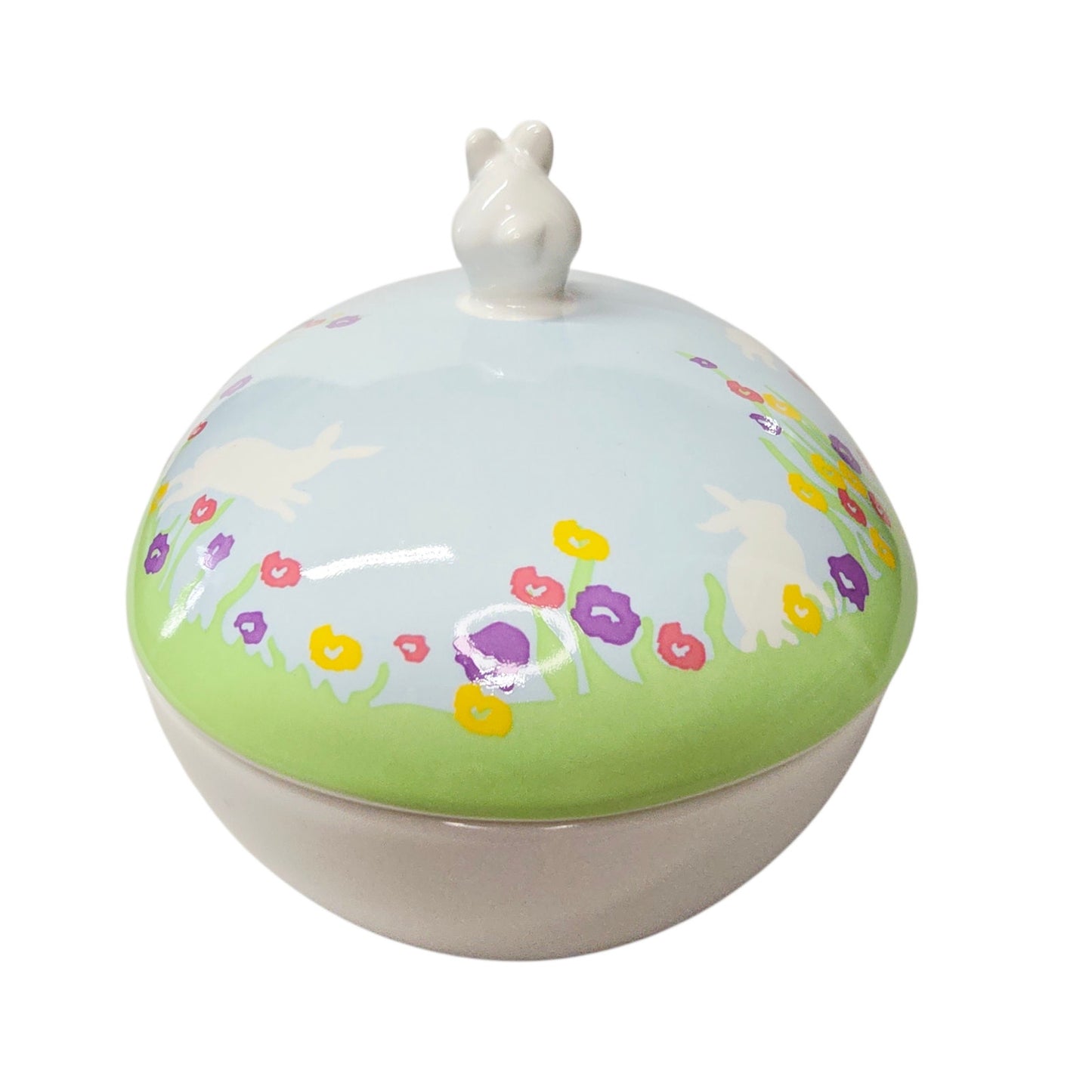 NIB See's Candies Easter Candy Dish Ceramic Lidded Bunny Knob Lid 7.5" Floral