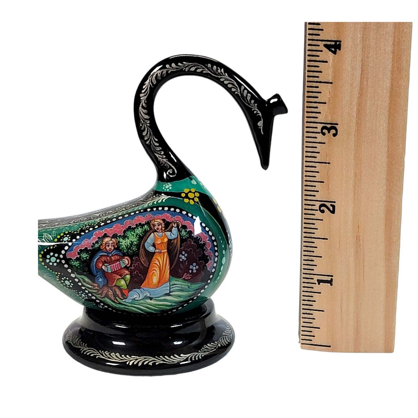 Signed Russian Decorative Lacquer Swan on Stand with Courting Couple