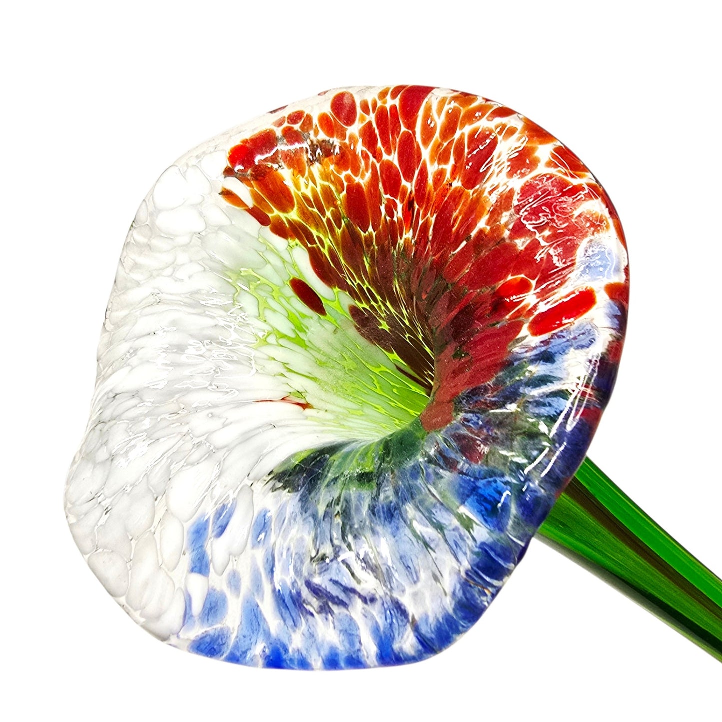 Vintage Hand Blown Art Glass Long Stem Flower 16" Red White Spatter Speckled