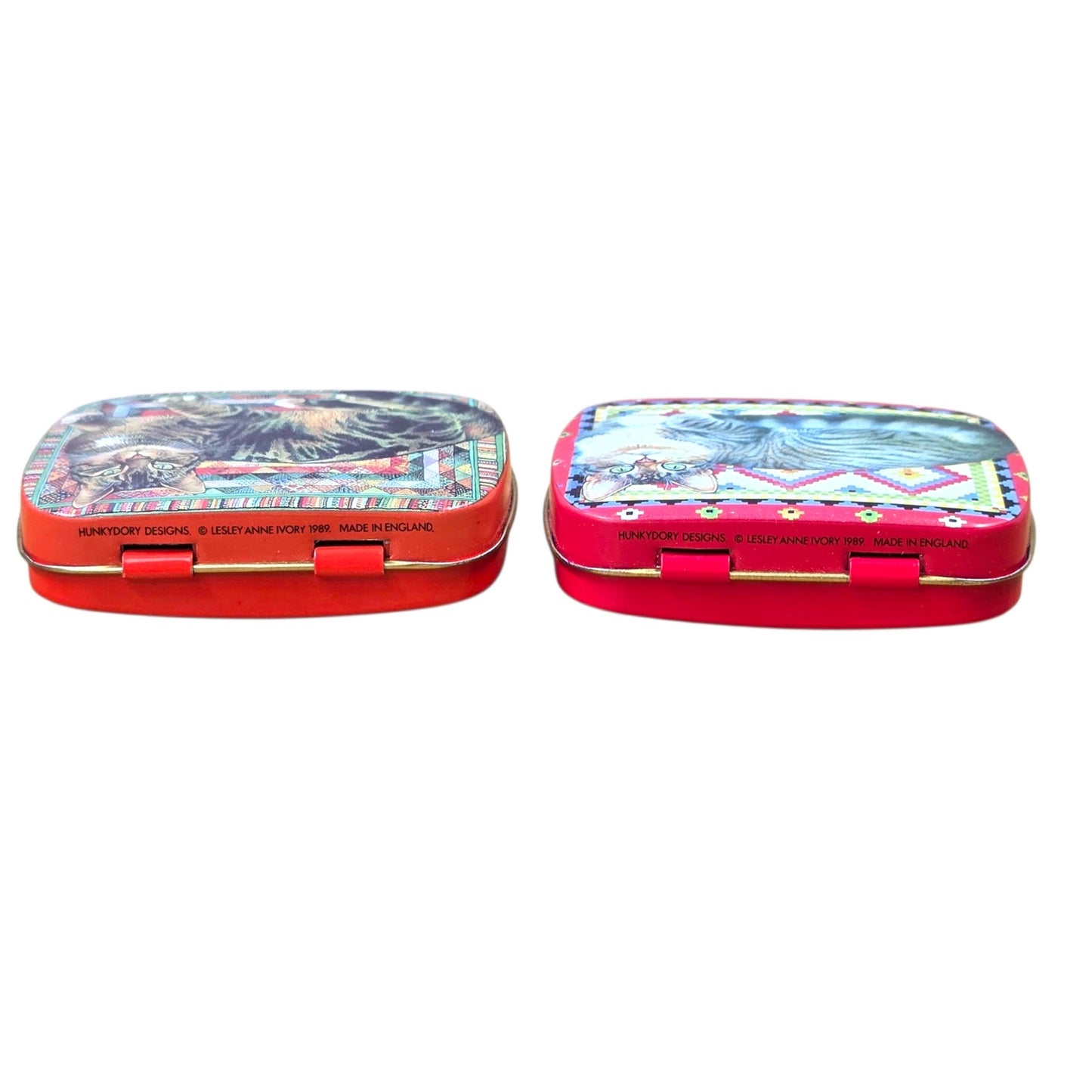 Pair Vintage Cat Tin Boxes Lesley Anne Ivory 1989 Hunkydory England Quilt Art