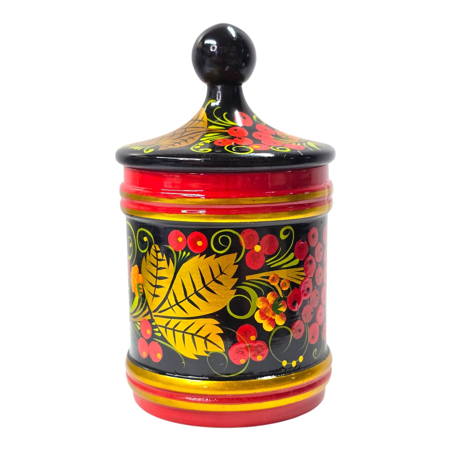 Vtg Russian Khokhloma Painted Wooden Lidded Jar Black Red Gold Floral Folk Art