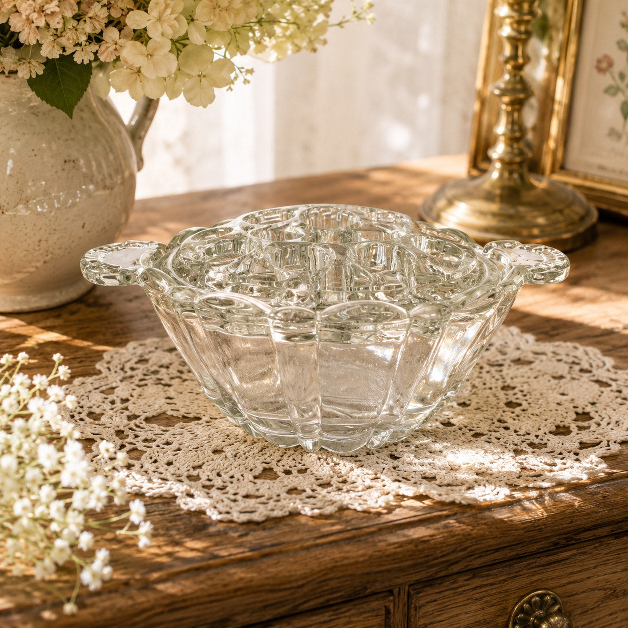 Vintage Clear Pressed Glass Flower Frog Bowl 16-Hole Handle Vase Set
