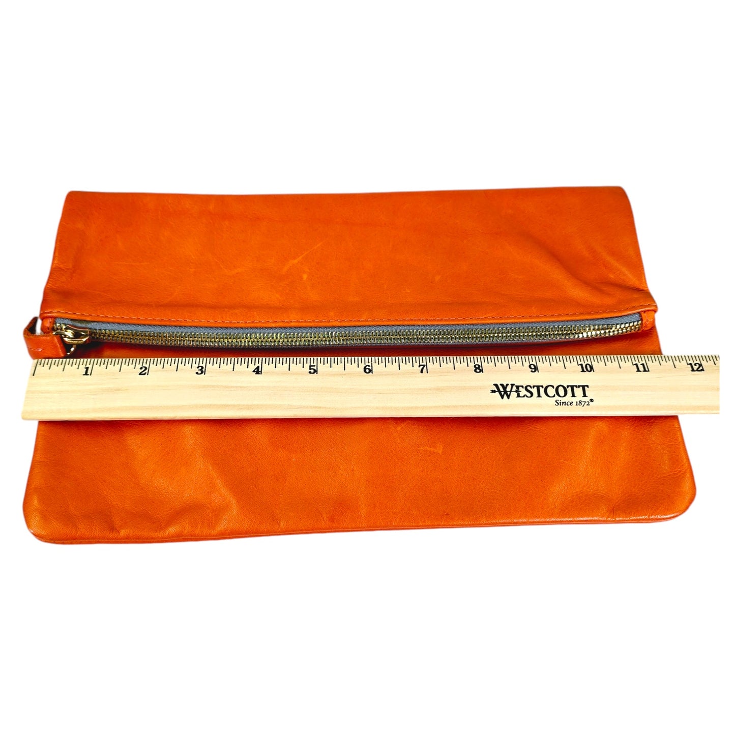 Clare Vivier Vintage Orange Leather Foldover Clutch, Zip Top  Clutch, Folded Measurements: 7" H