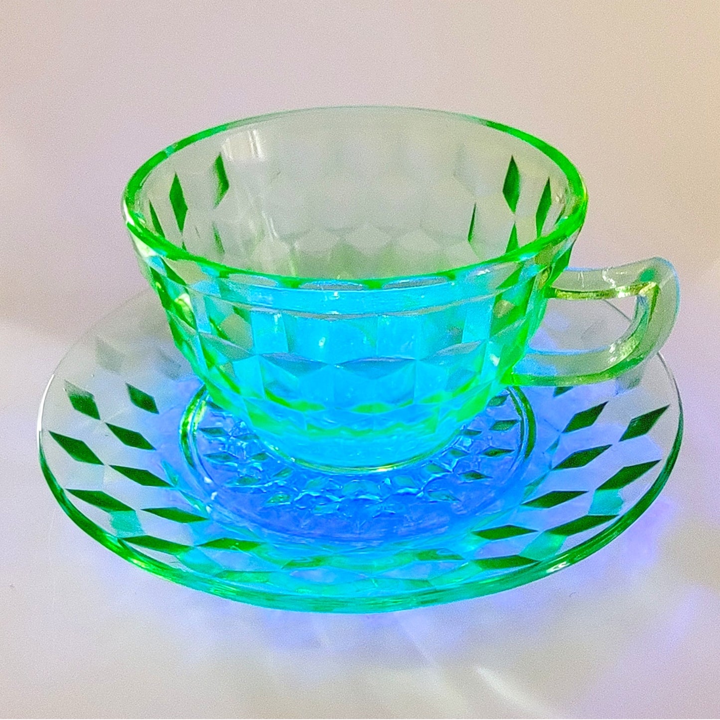 Green Cubist Glass Teacup and Saucer, Jeannette Windsor Vaseline Glass Cup and Saucer