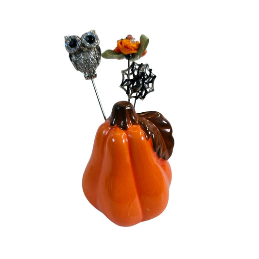 Owl, Spider Web, and Flower Pumpkin Pin Display