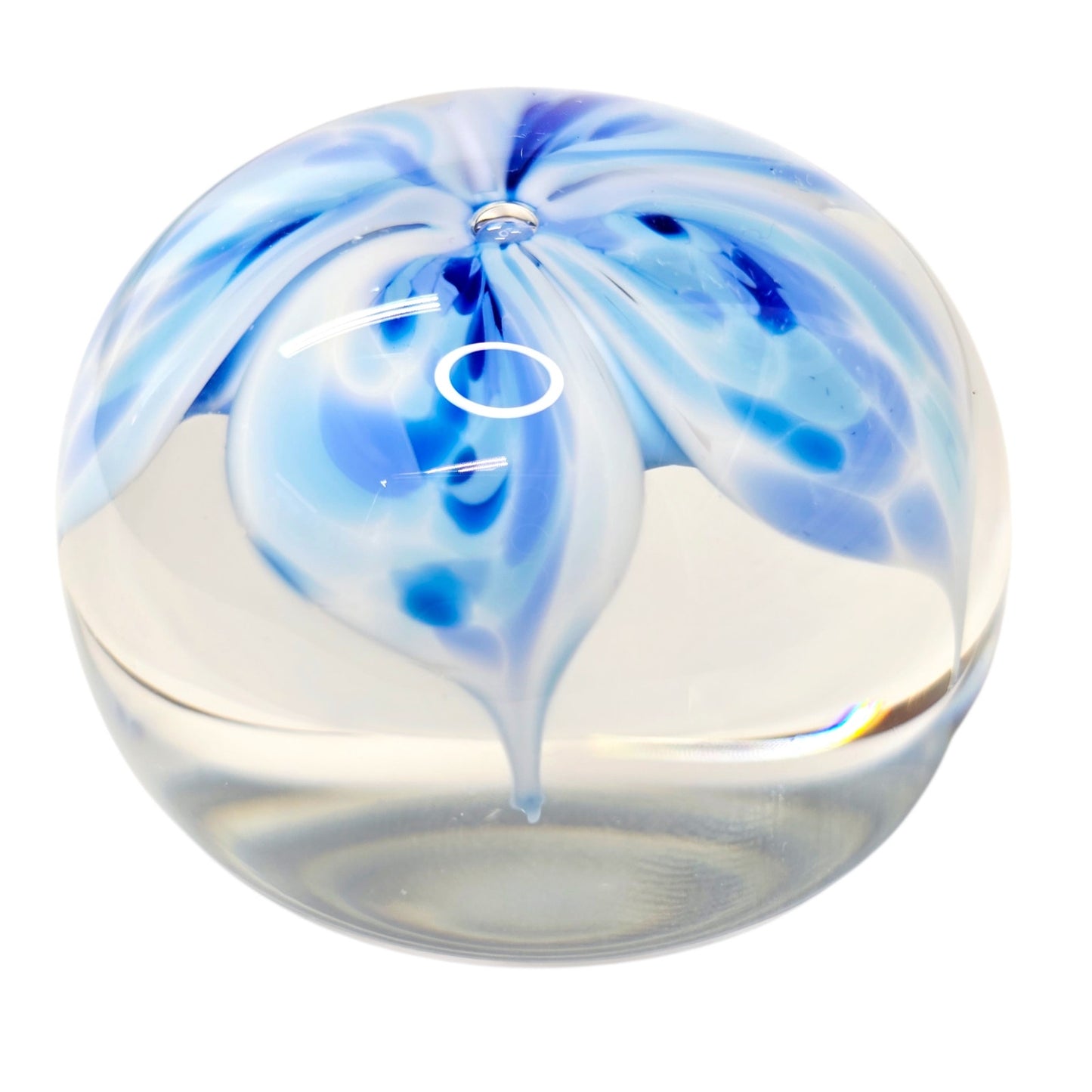 Signed Jodi Bove 1991 Art Glass Paperweight Blue White Floral Swirl Flower 2"
