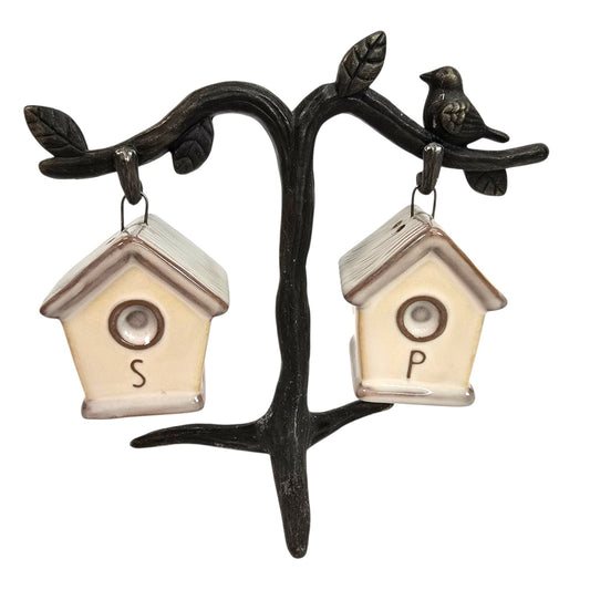 Pottery Barn Birdhouse Salt and Pepper Shakers Metal Display Tree