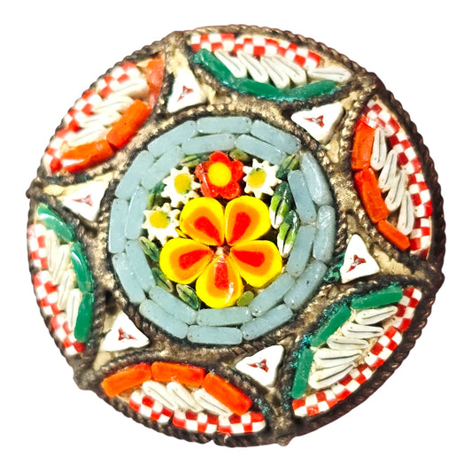 Vtg Italian Micro-Mosaic Brooch Marked Made in Italy Floral Star Red Blue Green