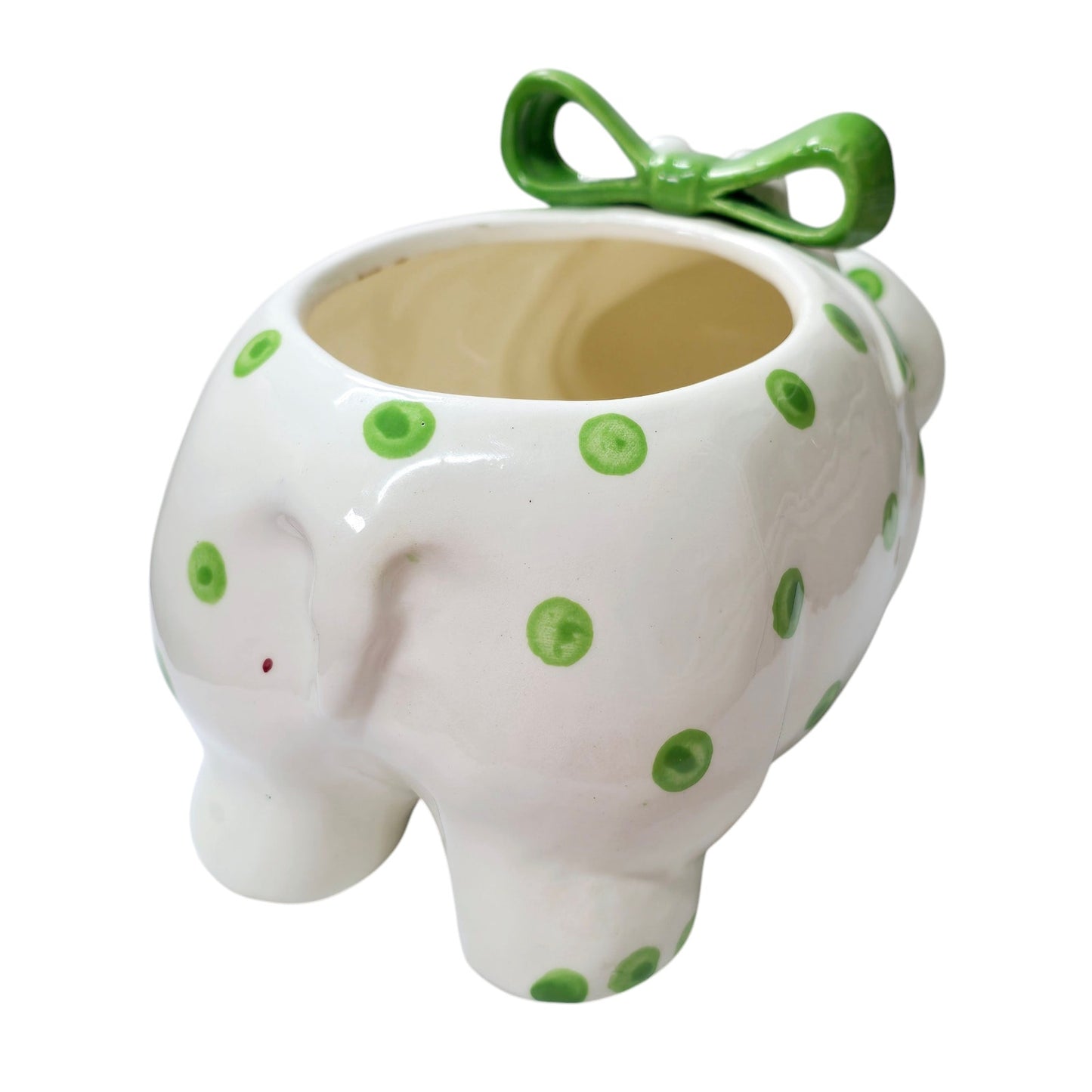 Large Ceramic Green Polkadot Hippo Planter with Green Bow 10" W