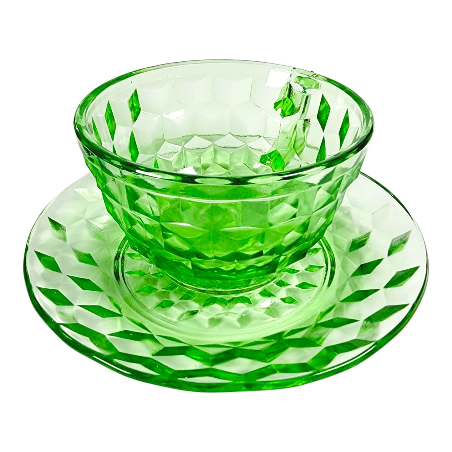 Green Cubist Glass Teacup and Saucer, Jeannette Windsor Vaseline Glass Cup and Saucer