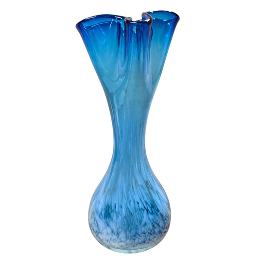 Vintage Blue Hand Blown Art Glass Vase 7" Tall Ruffled Rim Swirl Pattern