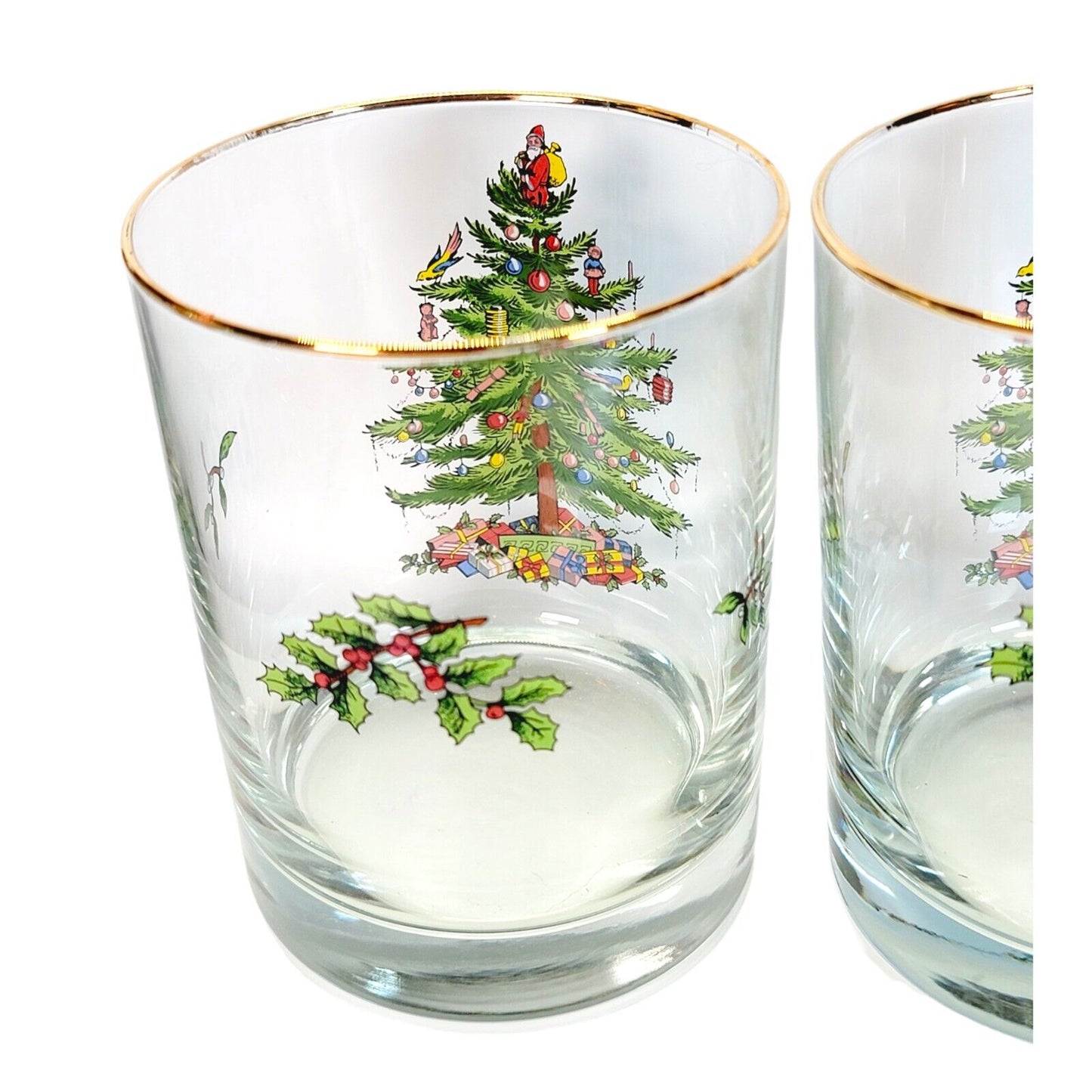 Set of 2 Spode Christmas Tree Double Old Fashioned Gold Rimmed Glasses 4"