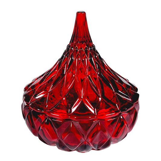 b. Red Flashed Glass Godinger Hershey's Kiss Jar, FLAW (Some Flash Peeling)