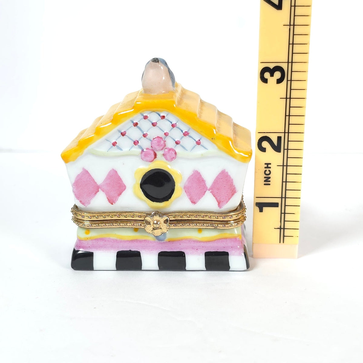 Bluebird Birdhouse Ceramic Hinged Trinket Box Yellow Roof Pink Diamonds