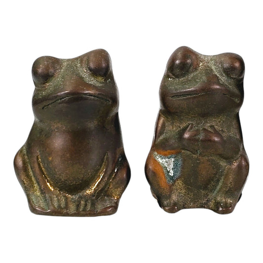 Set of 2 Miniature Brass Frog Figurines, with Patina, 1.5" H