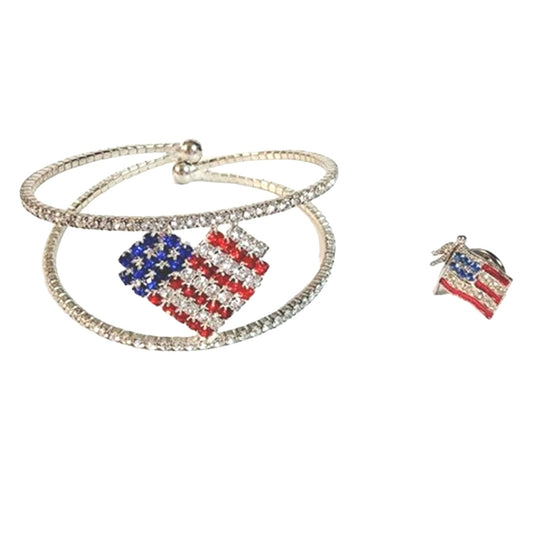 American Flag Heart Flexible Cuff Rhinestone Bracelet and Pin with Rhinestones