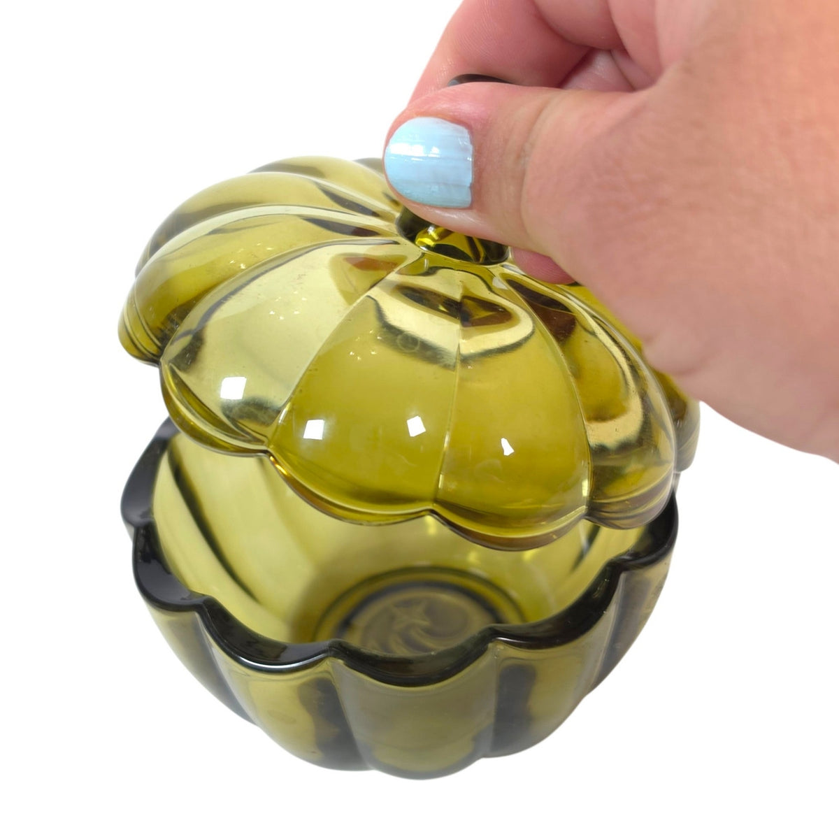 Olive Green Glass Pumpkin Jar with Lid Decorative Fall Trinket Container