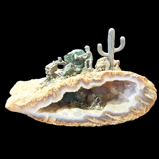 Exposed Geode Crystal with Detailed Pewter Miner Prospector Scene