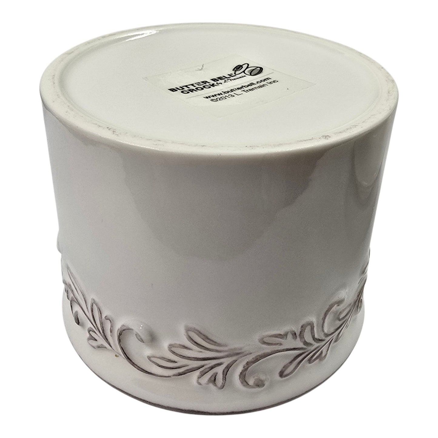 Butter Bell Crock Butter Keeper Stoneware Ceramic L. Tremain 2013 White Embossed