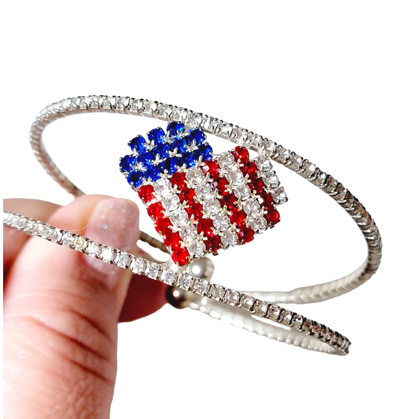 American Flag Heart Flexible Cuff Rhinestone Bracelet and Pin with Rhinestones