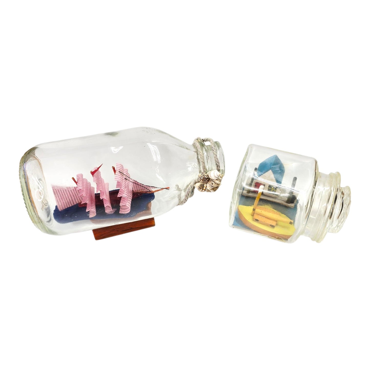 Lot 2 Ship in Bottle Nautical Sailboat House Scene Miniatures Glass Jar Decor