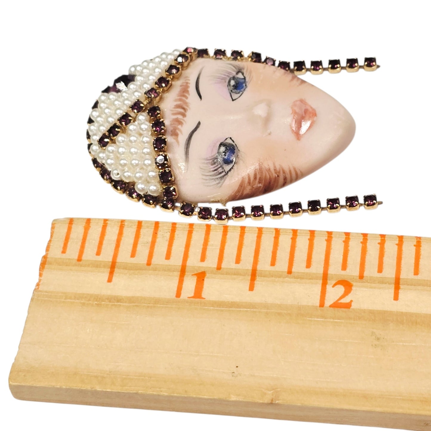 Vintage Art Deco Lady Face Brooch Signed Rhinestone Faux Pearl Flapper 1990 Pin