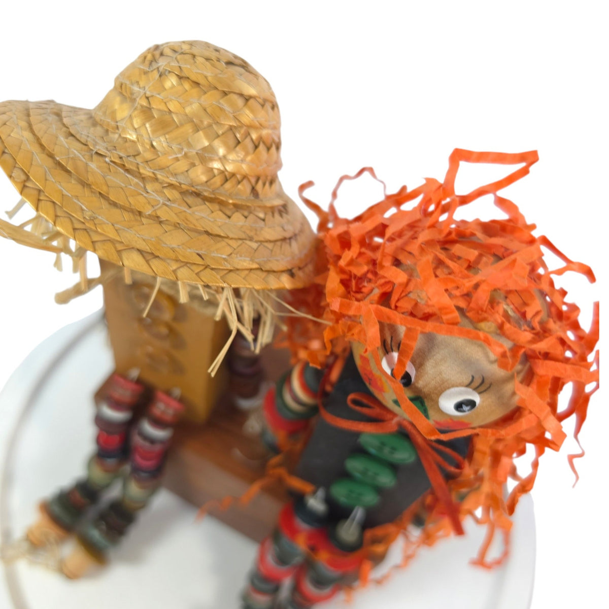Handmade Folk Art Scarecrow Dolls Shelf Sitters Button Limbs Pair Fall Decor