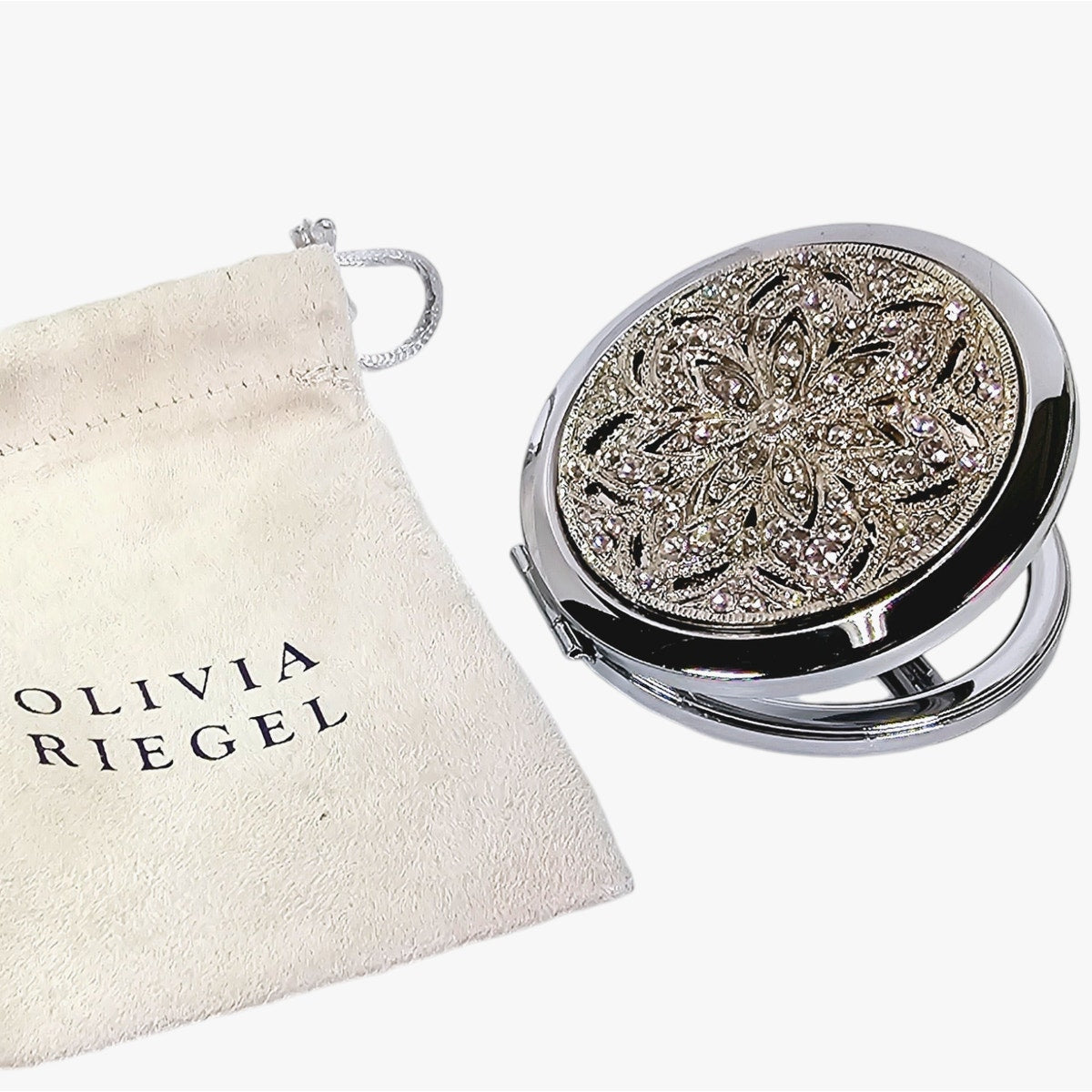 Olivia Riegel Silver Tone Crystal Sinclair Mirrored Compact, New in Bag, 2.75" D