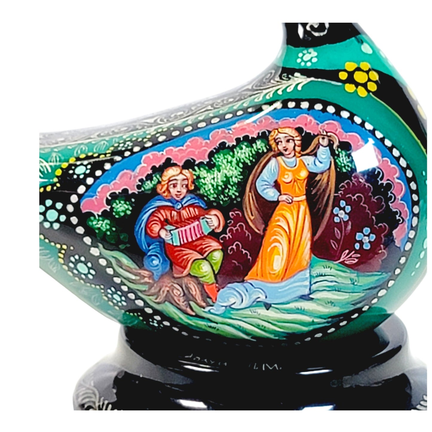 Signed Russian Decorative Lacquer Swan on Stand with Courting Couple