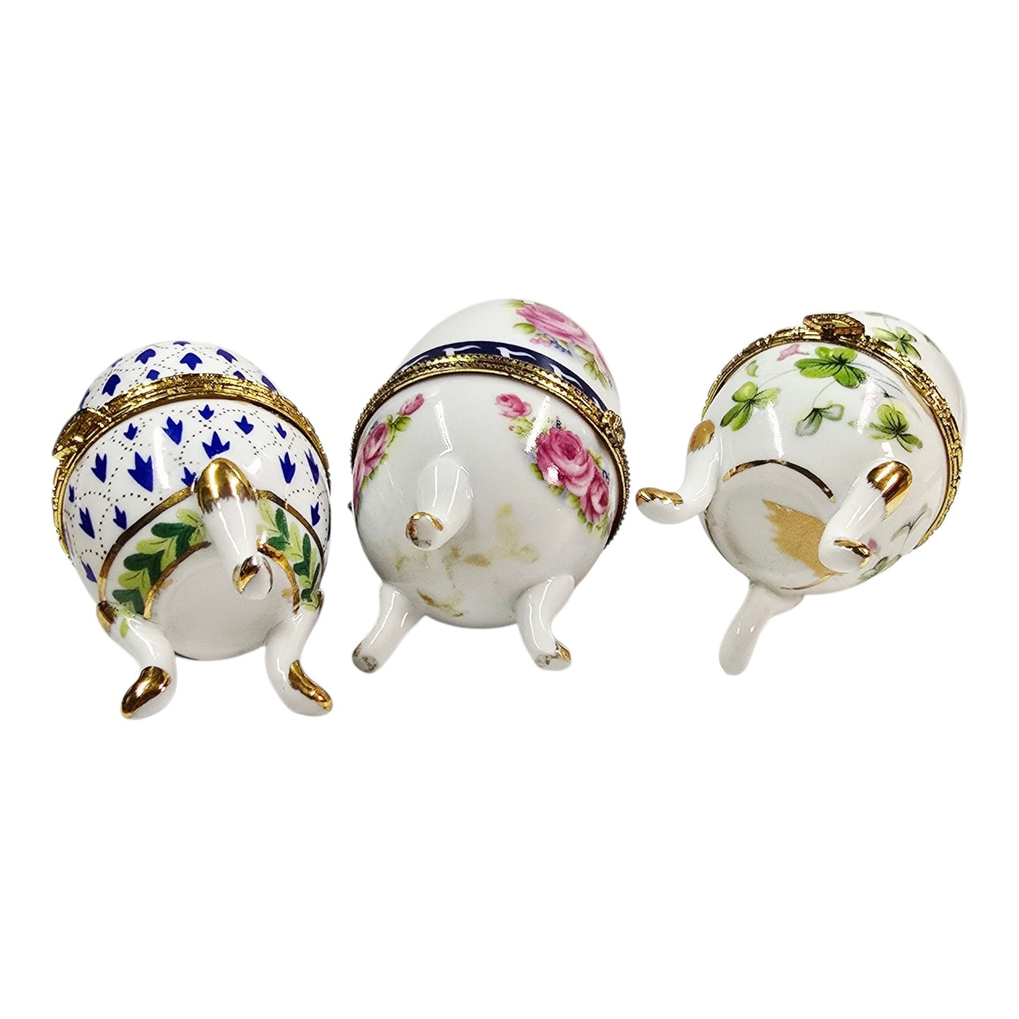 Set of 3 Vintage Porcelain Footed Egg Trinket Boxes Hinged Floral Tripod Base