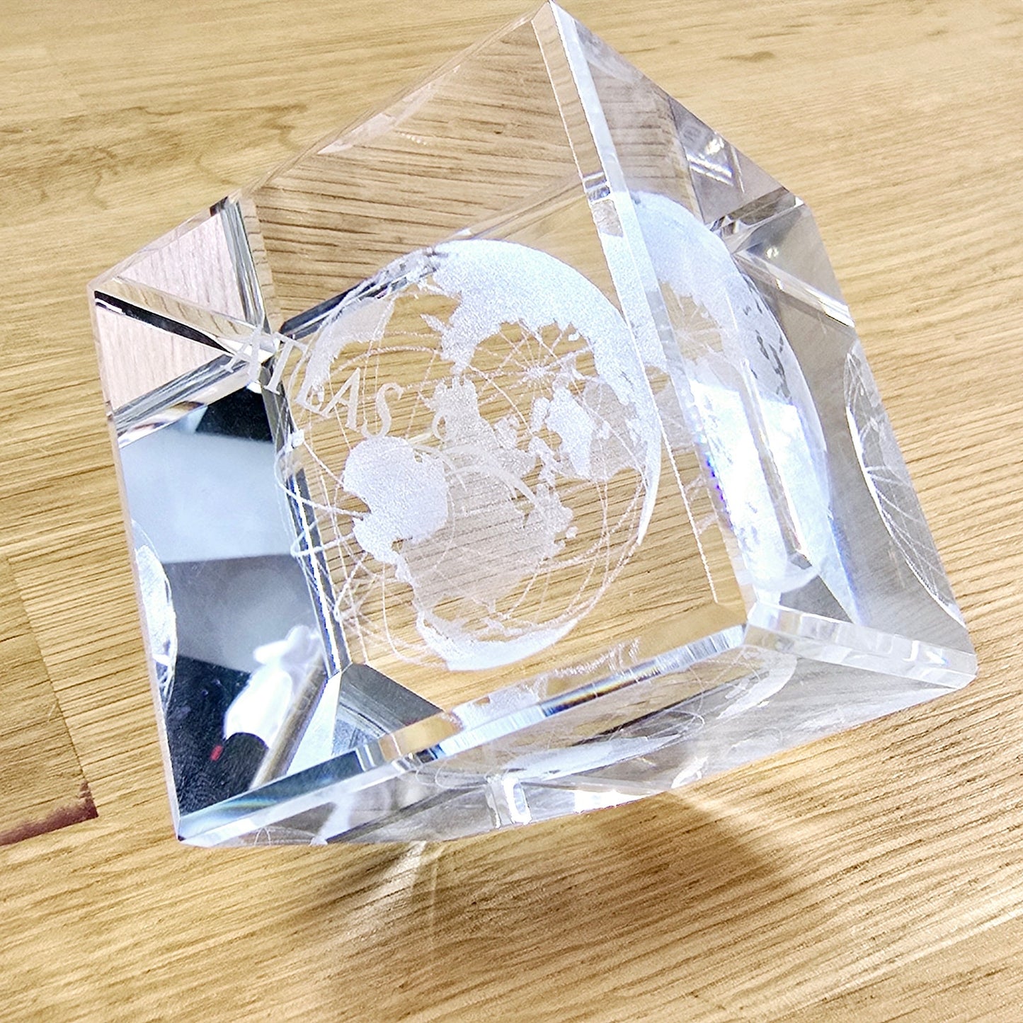 3D Laser Etched Globe Crystal Glass Cube Paperweight, Marked "Atlas"