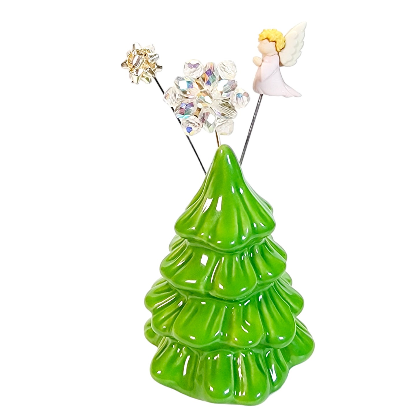 Christmas Tree Shaker Display with 3 Pins: Angel, Snowflake, Silver Bow