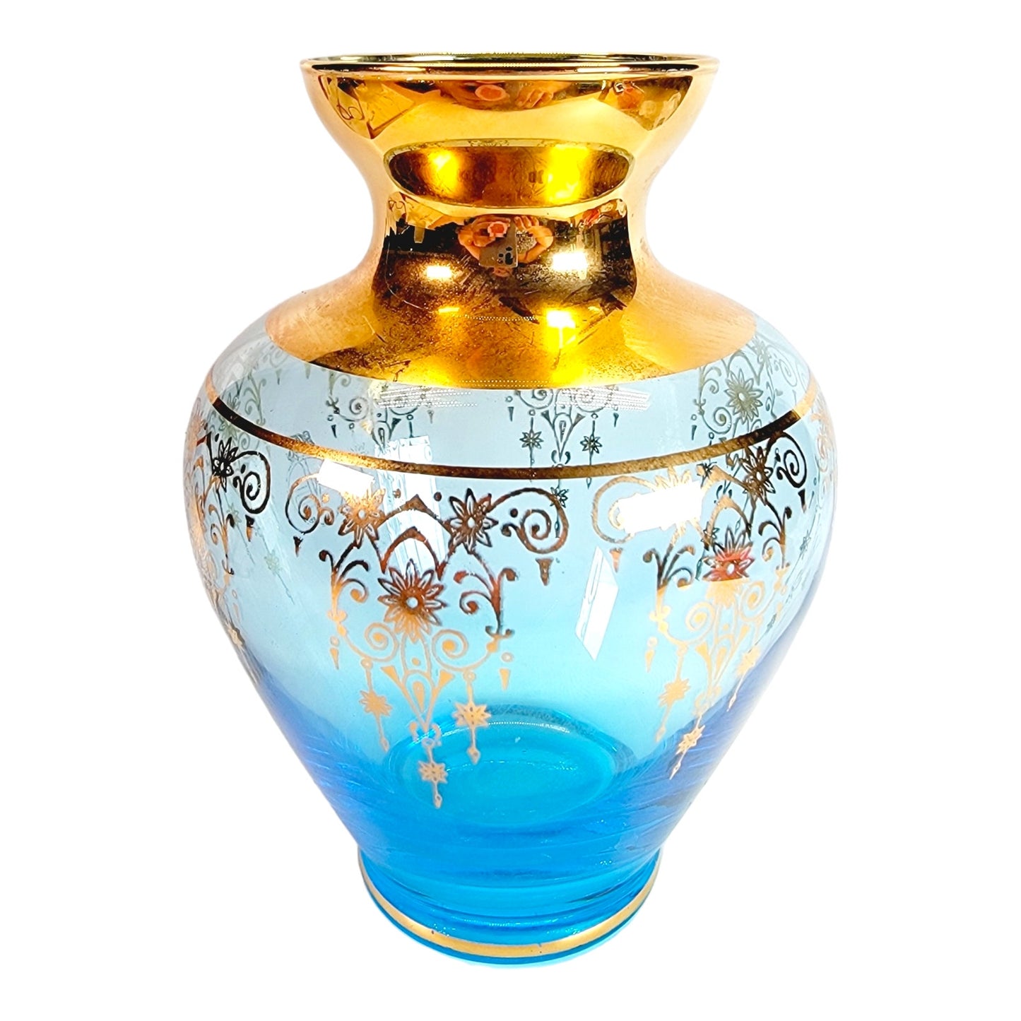 Murano Italy Ferro & Lazzarini Blue Gold Art Glass Vase, 22K hand-painted 5" H