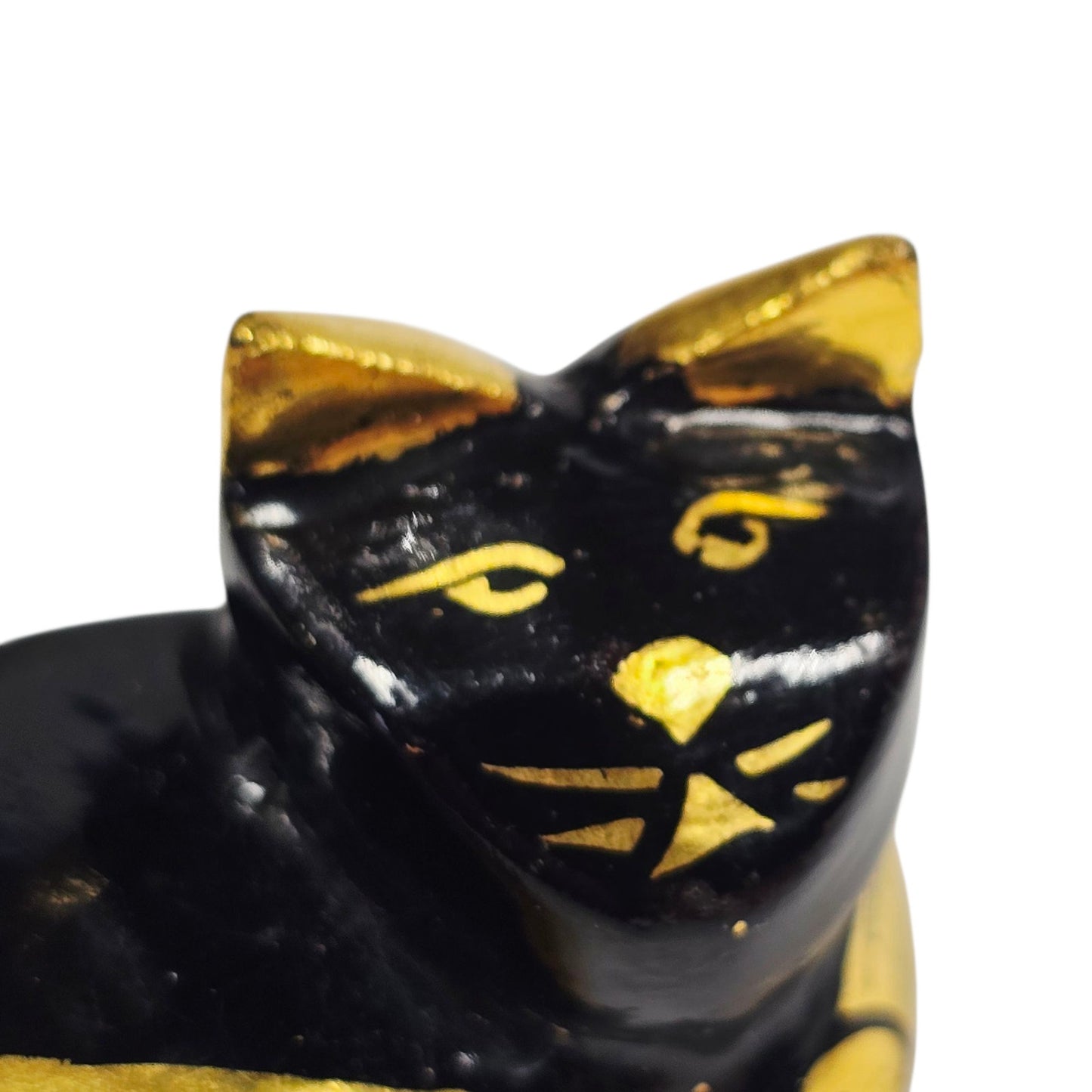 Handcrafted Black & Gold Lacquered Wooden Cat Figurine Gold Foil Accents 2"
