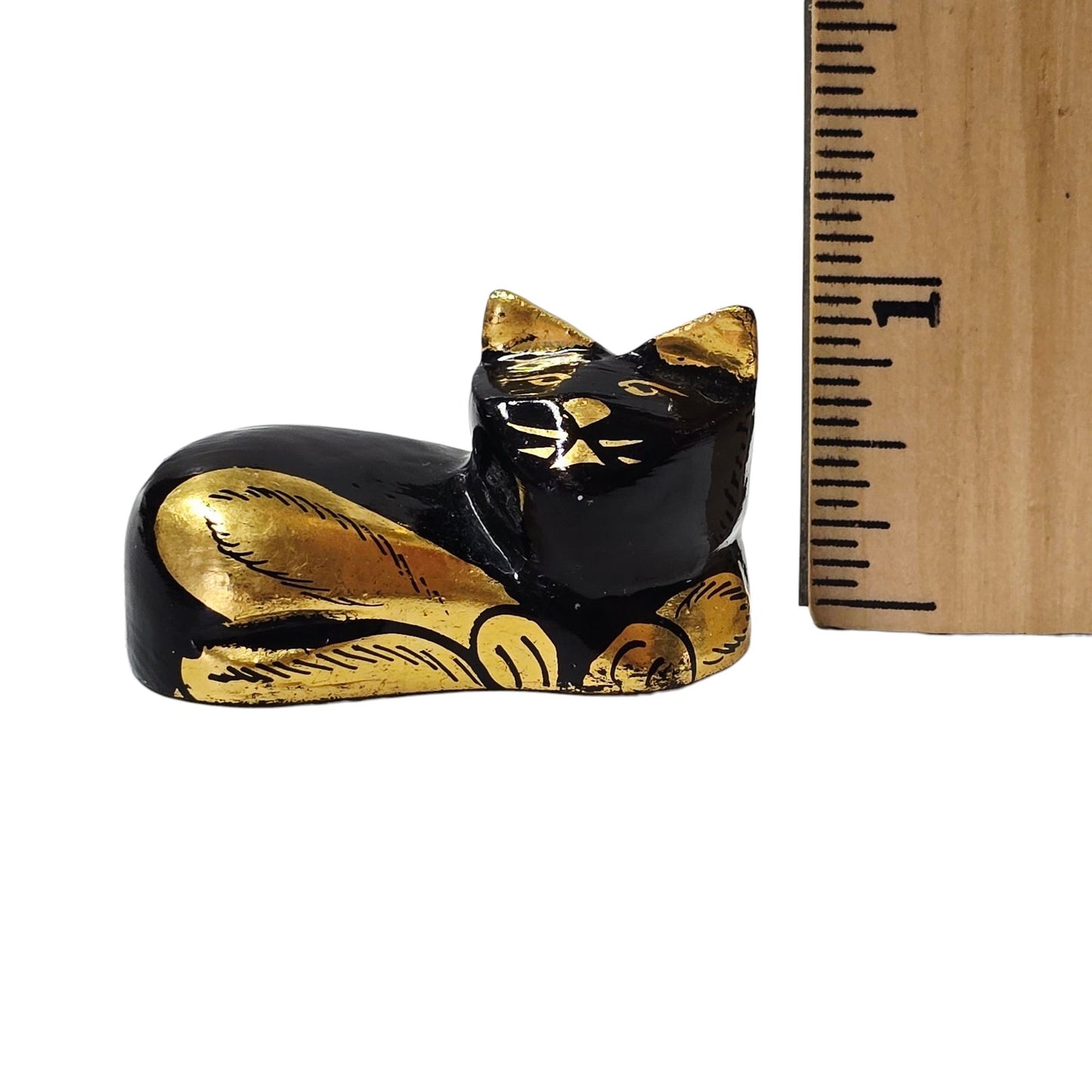 Handcrafted Black & Gold Lacquered Wooden Cat Figurine Gold Foil Accents 2"