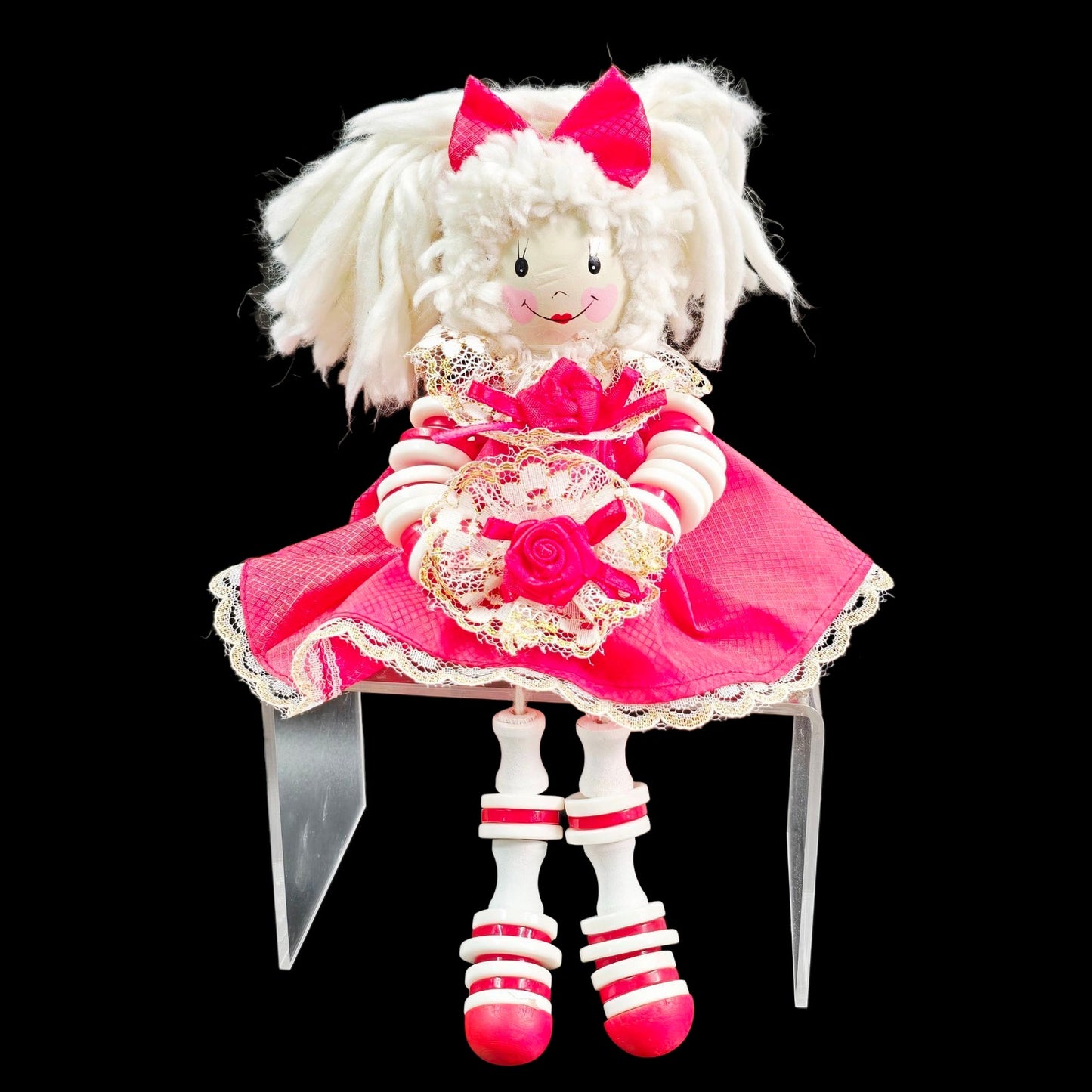 Vintage Wooden Button Doll Shelf Sitter, Wood and Yarn Sitting Doll